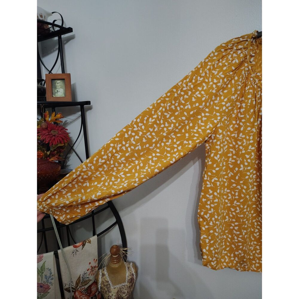 Style & Co Mustard Yellow White Floral Peasant Blouse Ruffle Boho Top Medium - Picture 3 of 6